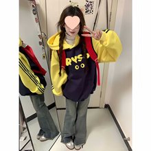 美式重磅三条杠插肩连帽卫衣女初中学生加绒加厚撞色宽松外套