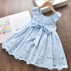 夏裝新款純色女童蕾絲鏤空刺繡連衣裙背心裙花邊蝴蝶結連衣裙