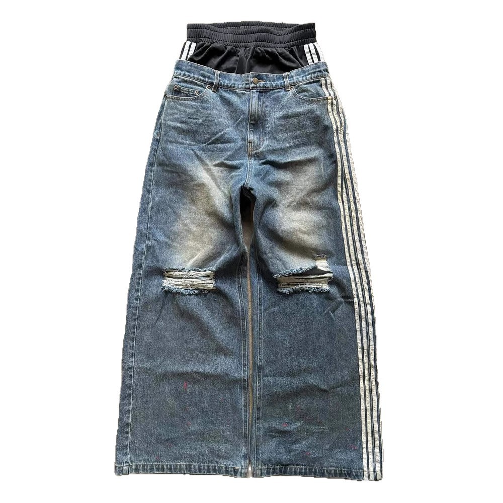 Vaqueros a rayas lavados europeos y americanos, pantalones de trapeador de pierna ancha de hip-hop holgados casuales de cintura alta para hombres