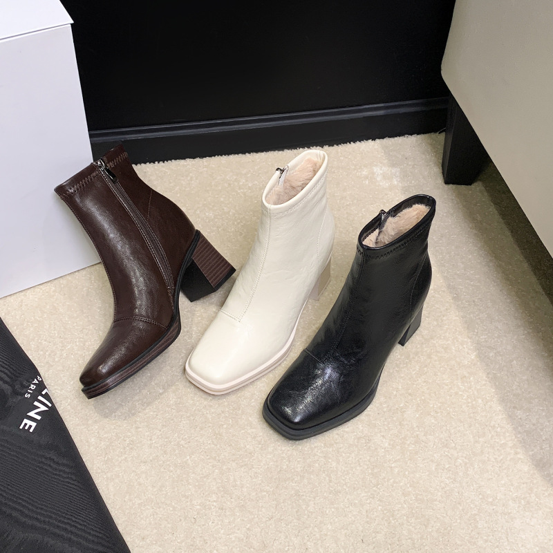 2026 Autumn and Winter New Style Square-Toe High-Heeled Short Boots with Back Zipper, Warm Thick Velvet Slim Boots, Comfortable and Versatile Martin Boots