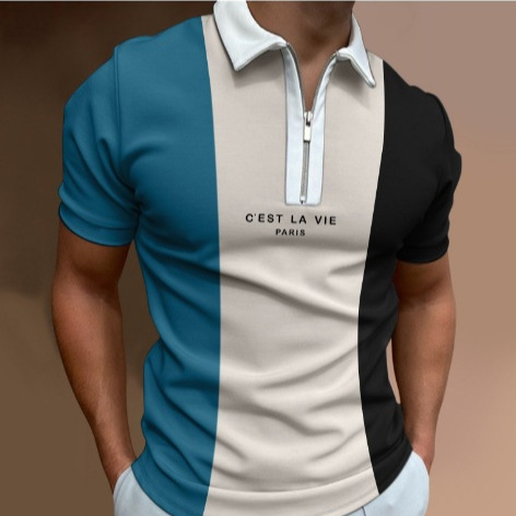Cross-Border European and American Amazon Men's Casual Color-Blocked Short-Sleeved Polo Shirt Zipper Lapel 3D Printed Polo Shirt Multi-Color