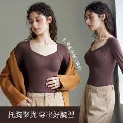8829秋冬ウールシルク徳パイル保温下着女性胸パッド付きベルベット厚手シャツ長袖上着