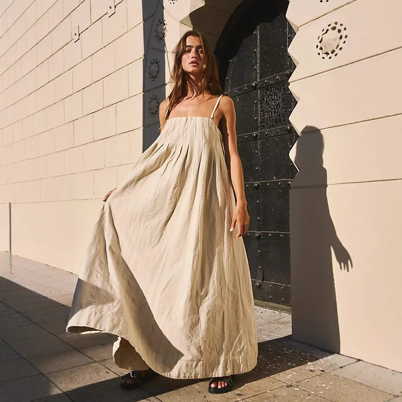 2025 summer European and American fashion leisure stitching cotton open shoulder sling long dress