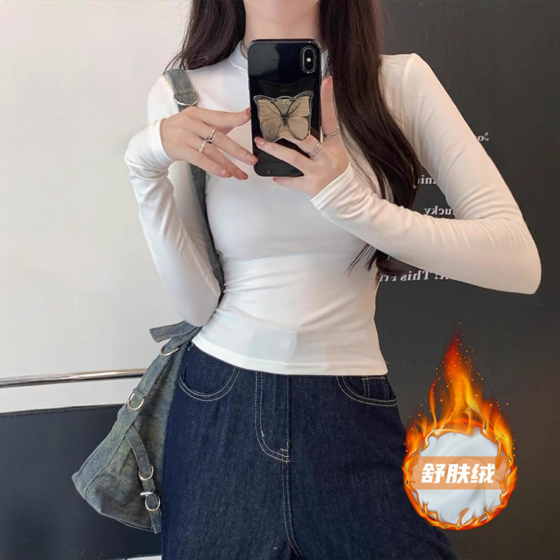 外贸辣妹掐腰长袖T恤女春秋纯色修身显瘦外贸百搭打底衫白色上衣|undefined