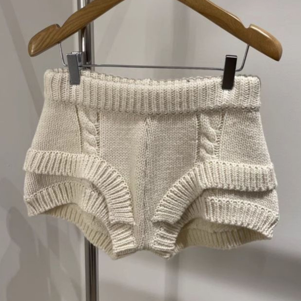 美式卡其色系麻花低腰毛织短裤女街头跳舞修臀显瘦直筒打底裤子潮