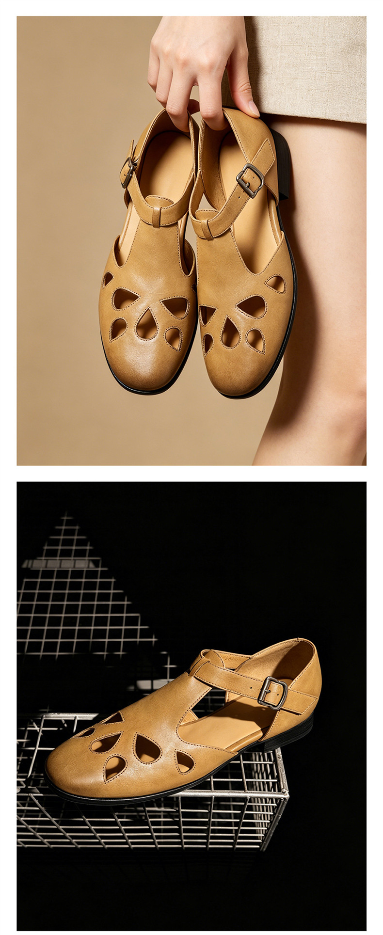 Sandal nữ da bò đục lỗ quai chữ T cổ điển, mũi kín gót bệt — màu nâu chi tiết 3