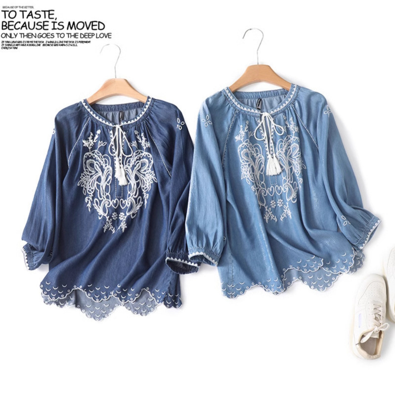 2025 New Summer Style Tassel Lace Ethnic Style Embroidered Lyocell Tencel Denim Shirt Women's Pullover Top