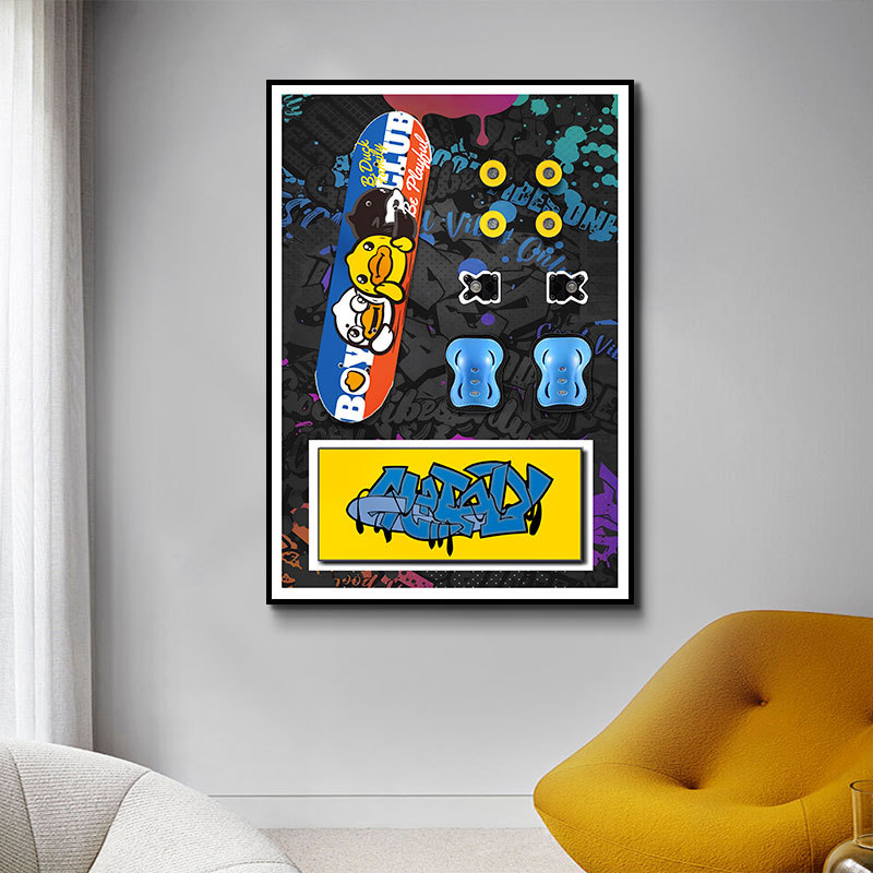 Patineta tridimensional de moda, habitación de los niños, decoración del dormitorio, habitación de los niños y las niñas, pintura creativa hecha a mano