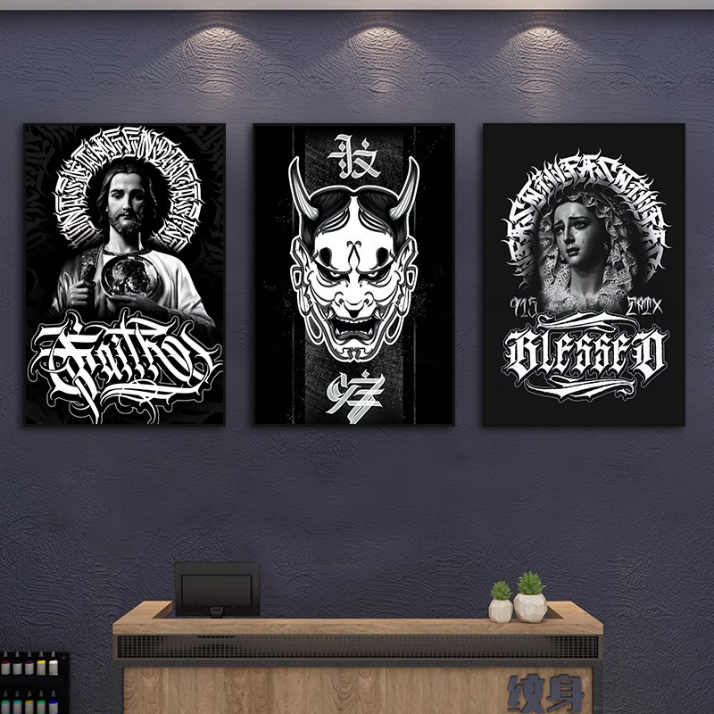 Tattoo Shop Decorative Painting Dark Style Tattoo Studio Embroidery Studio Hanging Painting Black and White Gothic Retro Manuscript Wall Art