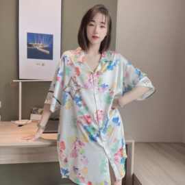 睡衣女夏天蕾丝睡裙冰丝短袖薄款宽松大码性感衬衫睡衣裙居家服女