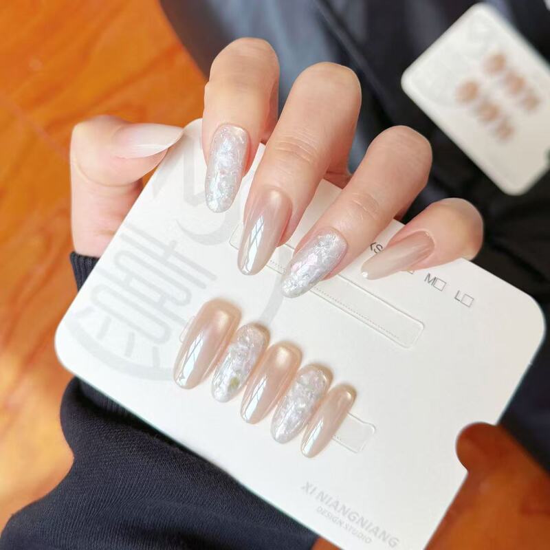 New Style Pure Handmade Moonlight Pink Shell Cat-Eye Whitening Wearable Nails, Light Luxury Detachable Acetate Nail Stickers