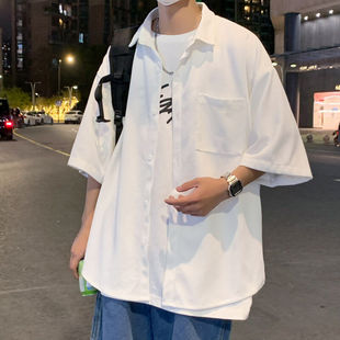 Summer Hong Kong Style New Waffle Slit Loose Short-Sleeved Shirt Men's Large Size Shirt