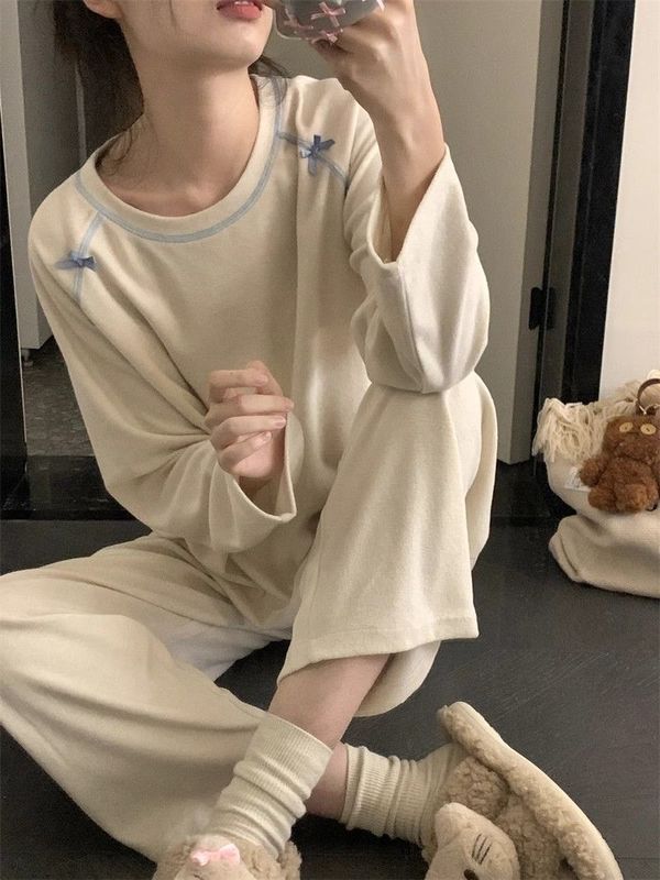 睡衣女春秋季韩系可爱格子花边长袖长裤简约风套装夏天新款家居服|undefined