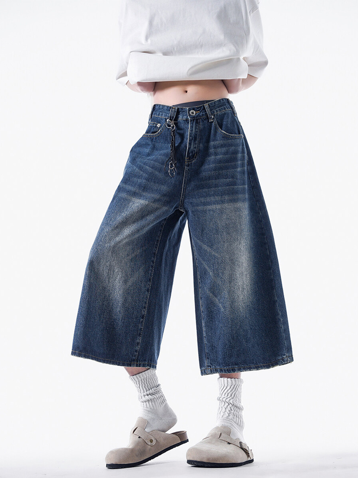 Camisas y ropa, estilo fino de verano americano, spot transfronterizo al por mayor, pantalones de mezclilla recortados holgados de pierna ancha lavados retro