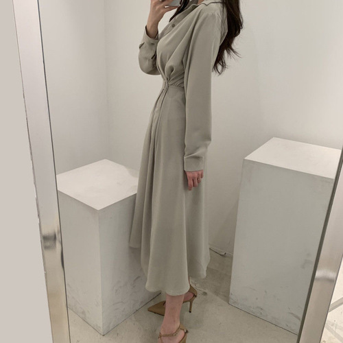 Women's Fashionable Long-Sleeve Shirt Dress with Collar, Button-Down, Belted, Slimming, and Chic Korean Elegant Lightweight Mature Style