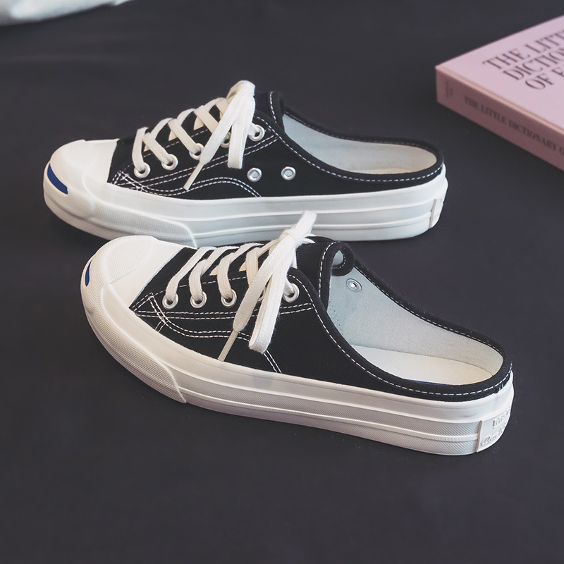 Zapatos de lona de mitad de diapositiva de mujer sonrisa abierta soporte de prueba personalizada negro y blanco F03 image 1