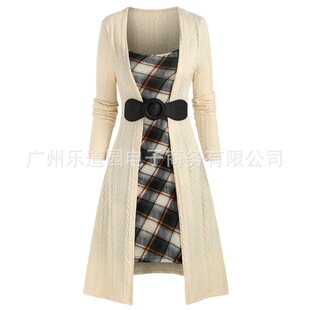2024 Autum New Product Cross-Border European and American Fashion Bow Plaid Knitted Large Size Dress Elegant Extra Large Size