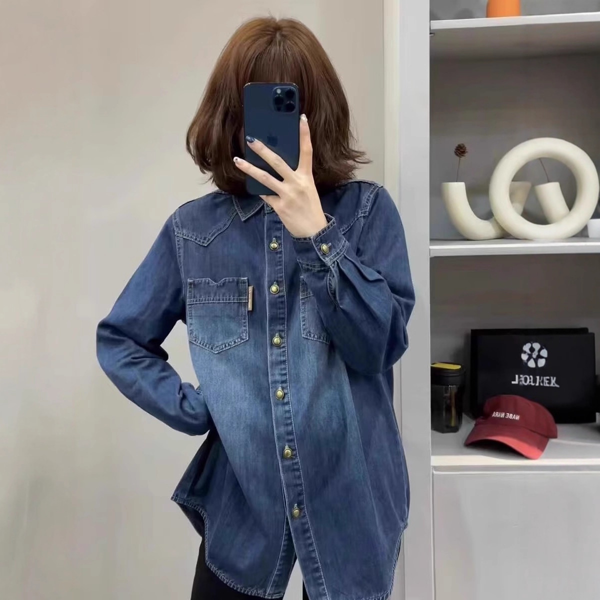 Women's Denim Shirt Jacket, Autumn/Winter 2025 New Style, Fleece-lined, Thickened, Straight Shoulder, Layered Shirt Top