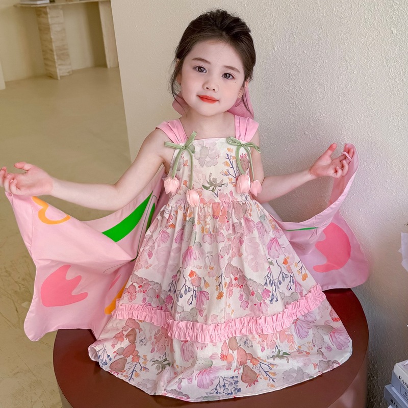 子供服女の子牧歌的なスタイルプリンセスベストドレス子供のファッショナブルな女の赤ちゃんサスペンダースカート蝶の羽のドレス|undefined