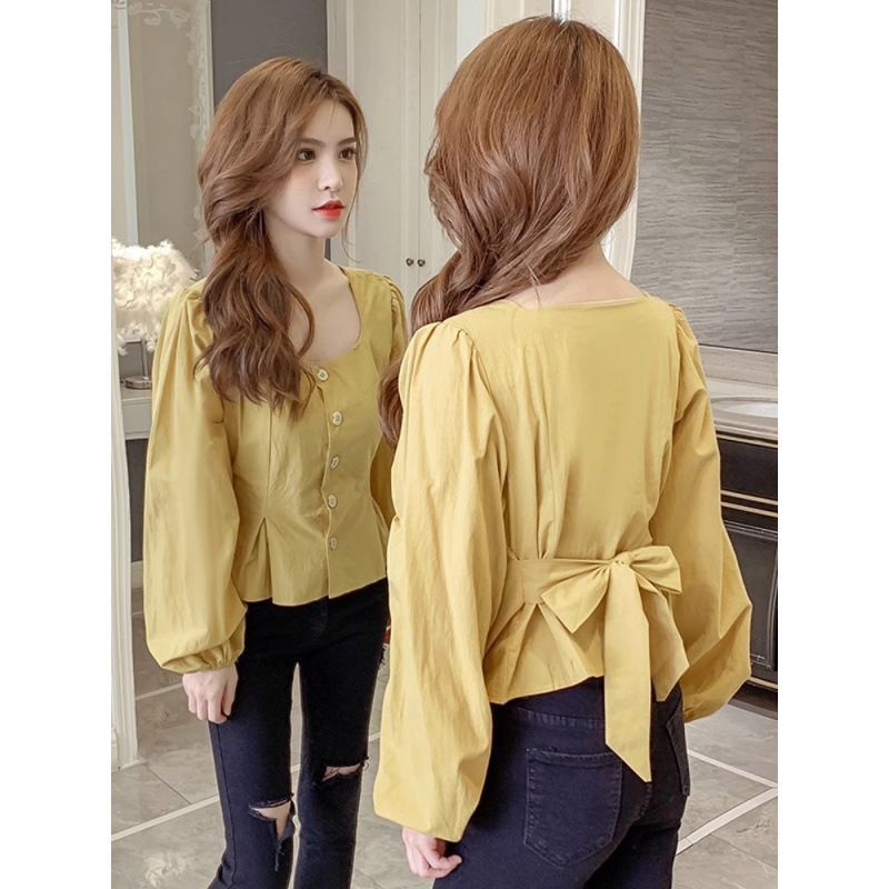 French-Style Women's Shirt for Autumn 2024, New Waist-Cinching Square-Neck Back-Tie Unique Short Long-Sleeve Top for Spring