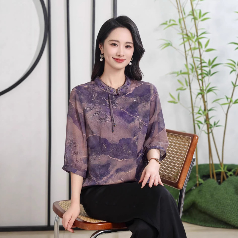 Summer Trendy Mom Blouse, Summer Chiffon Shirt, Short-Sleeved Top, New Chinese-Style Pleated Design for Middle-Aged and Elderly Women