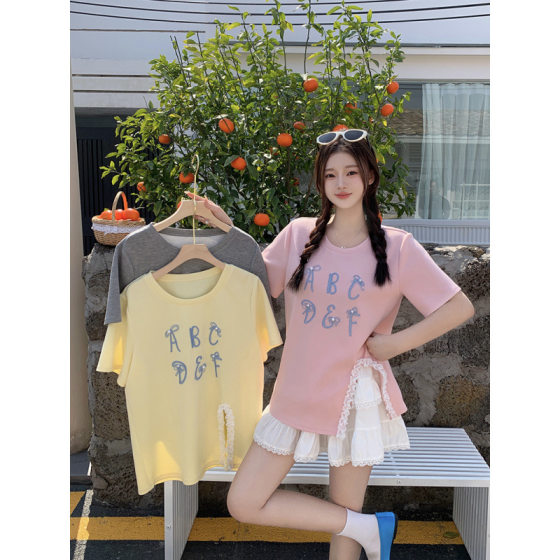 2025 Summer New Arrival chubby girl plus size Women's Fashionable Lace Embroidered Letters Beads Loose Short-sleeved T-shirt