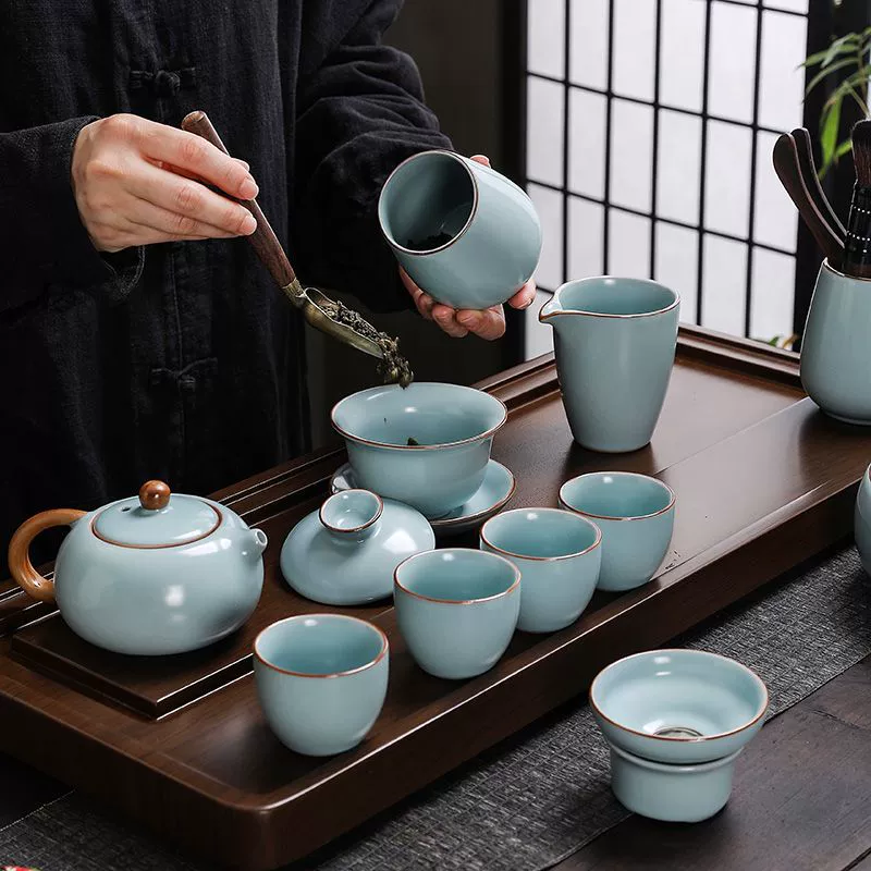Ruyao Kung Fu Tea Set Sky Blue Tea Cover Bowl Opening Table Ceramics Company Annual Meeting Event Gift Box Souvenir