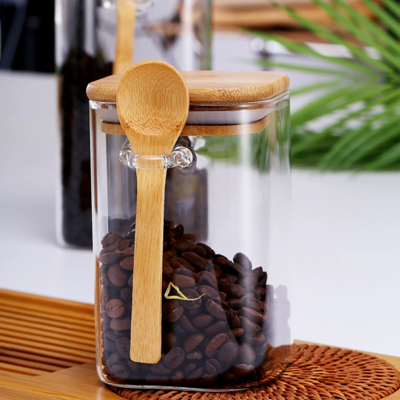 Square glass coffee storage box sealed for home use, spoon, storage system