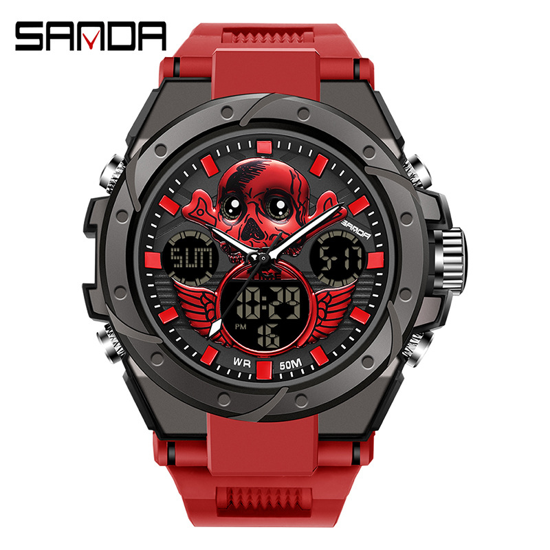 Sanda 6087 reloj electrónico multifunción luminoso impermeable fresco cráneo alas hombres reloj de moda