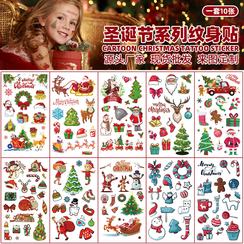 Cross-border New Christmas Children Cartoon Tattoo Sticker Waterproof European and American New Year Holiday Party Face Temporary Sticker