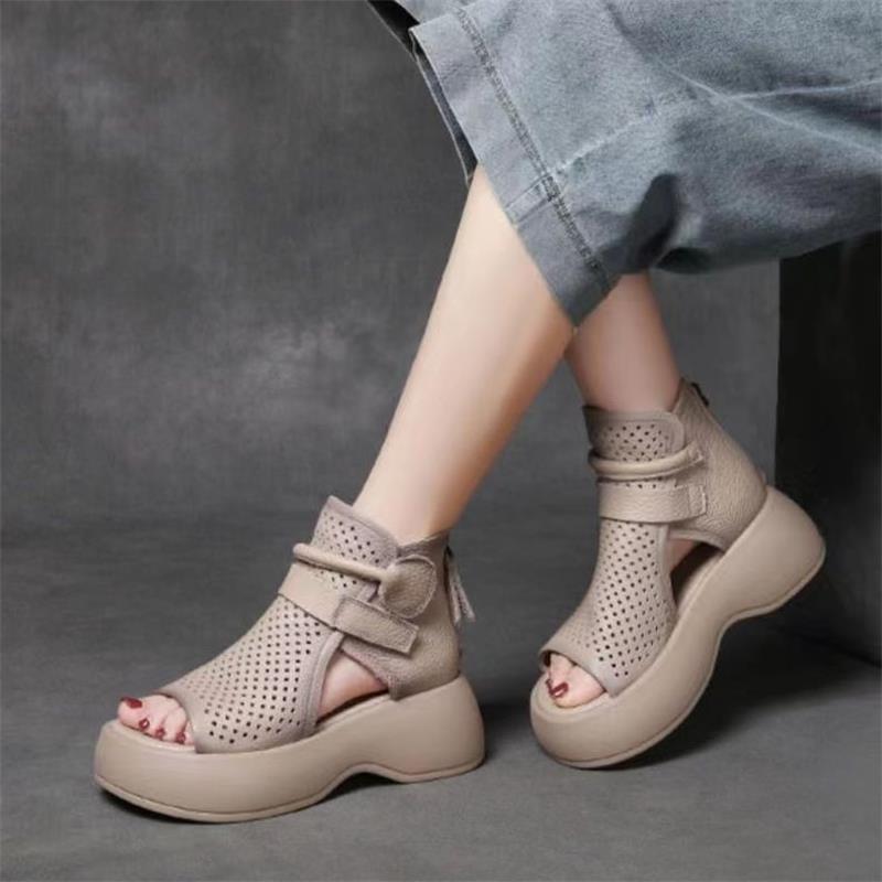 Verano nuevo hueco tacones agujeros zapatos gruesos antideslizantes velcro retro cuero cómodo muffins sandalias romanas