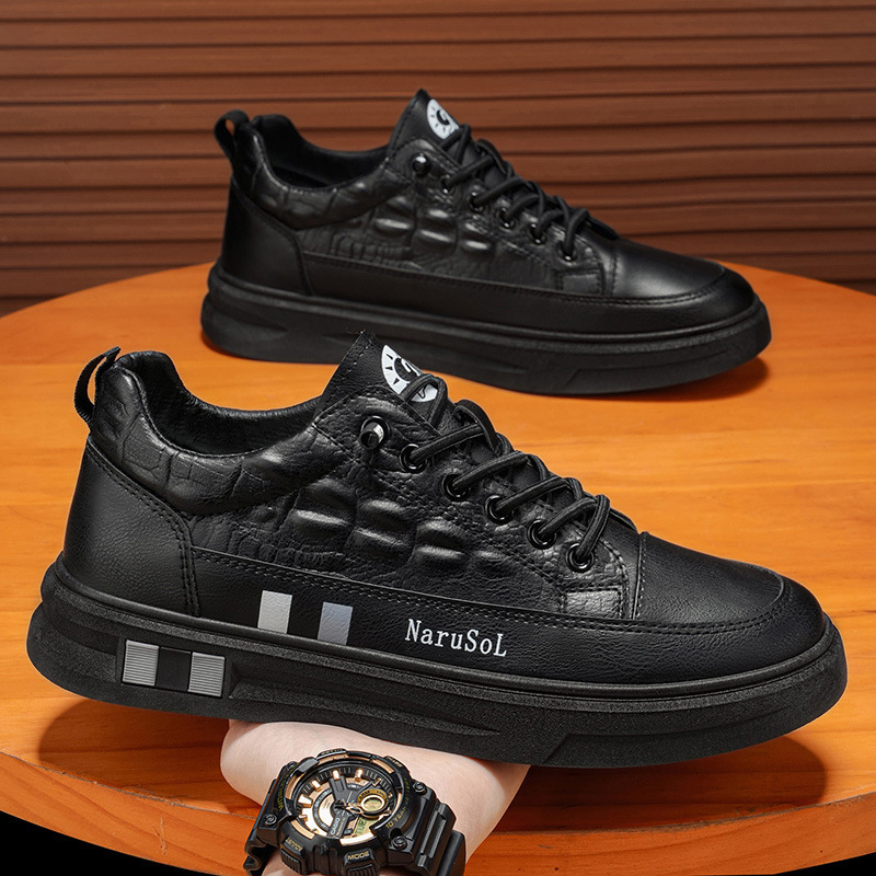 Men's Shoes New Style Flat-Soled Men's Sneakers Black Leather Men's Casual Shoes Student Crocodile Pattern Shoes White Shoes for Men