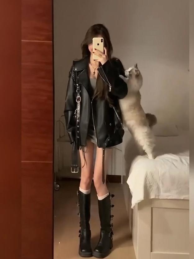 Trendy American-Style Pu Leather Jacket for Women, Autumn Loose Biker Jacket, Black High-End Cool Style