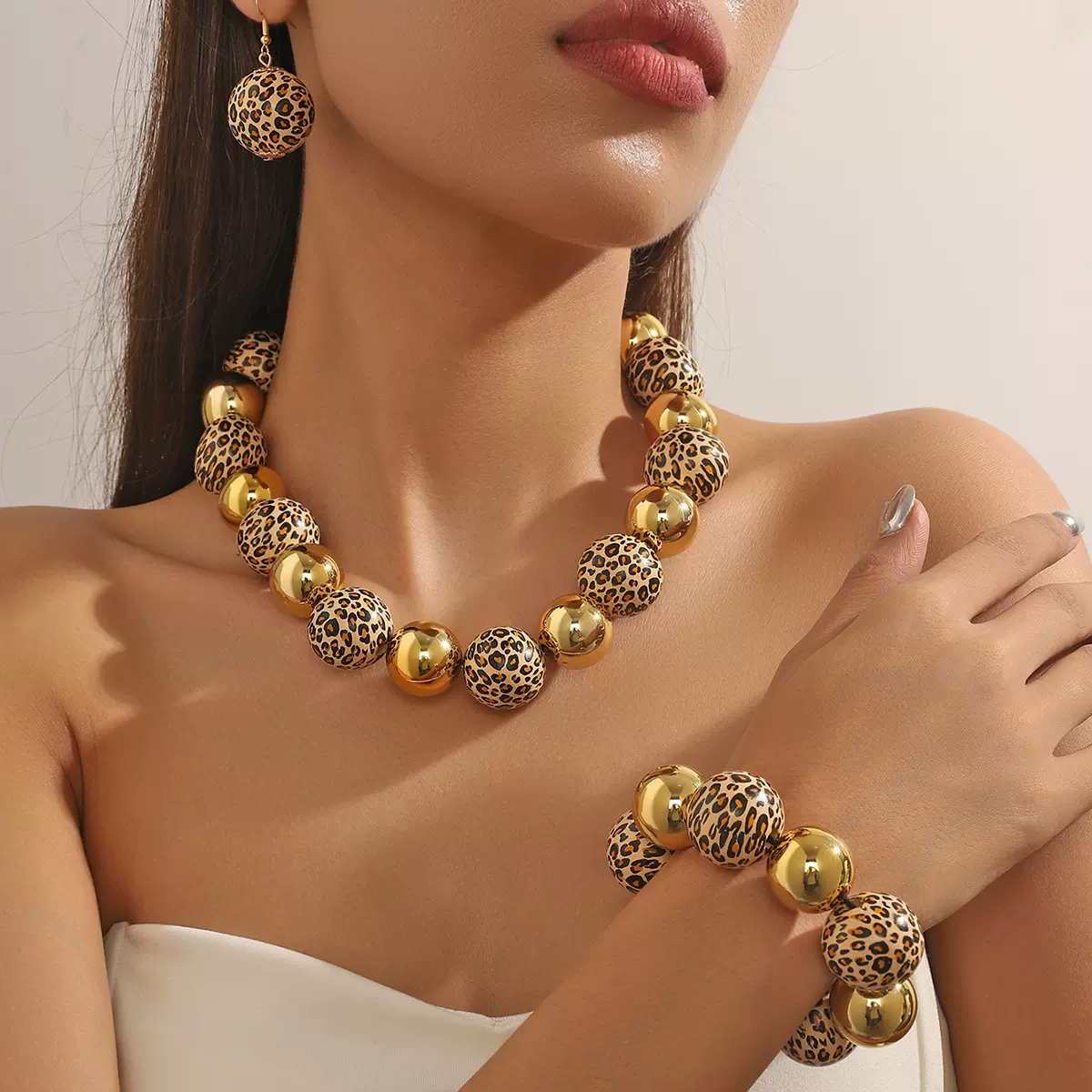 欧美夸张豹纹撞色圆珠项链套装个性高级感气质锁骨链小众新款饰品