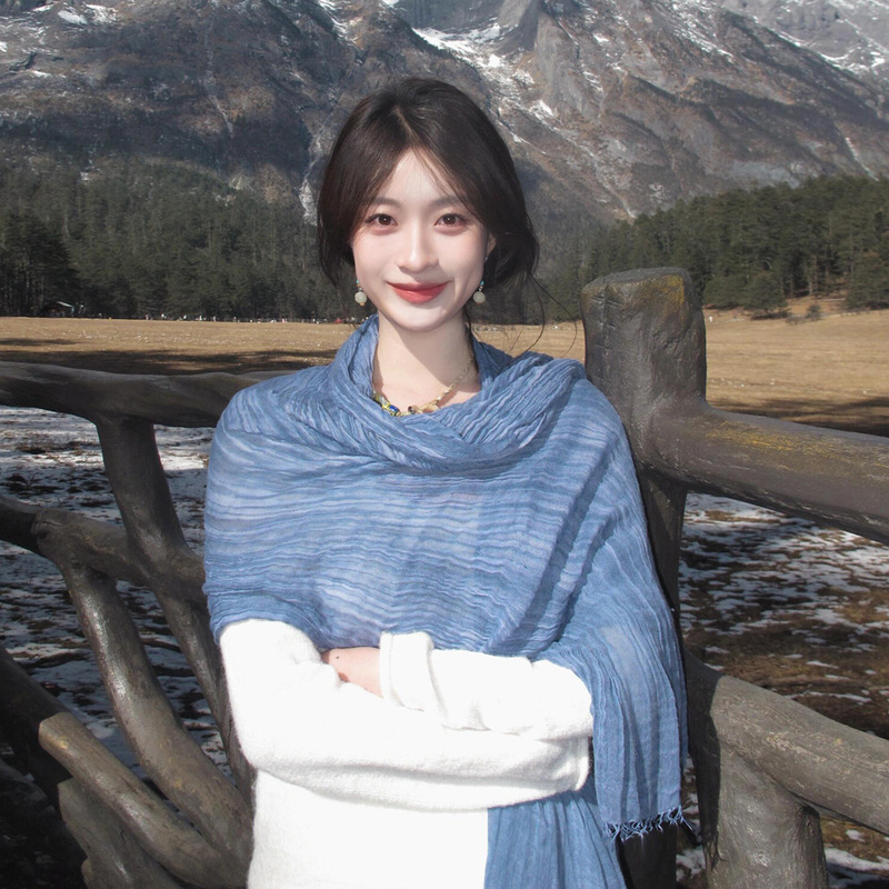 Blue Sichuan-Western China Travel Shawl, Artistic Thin Cotton-Linen Scarf for Women, Northwest Xinjiang Silk Scarf with Ethnic Atmosphere