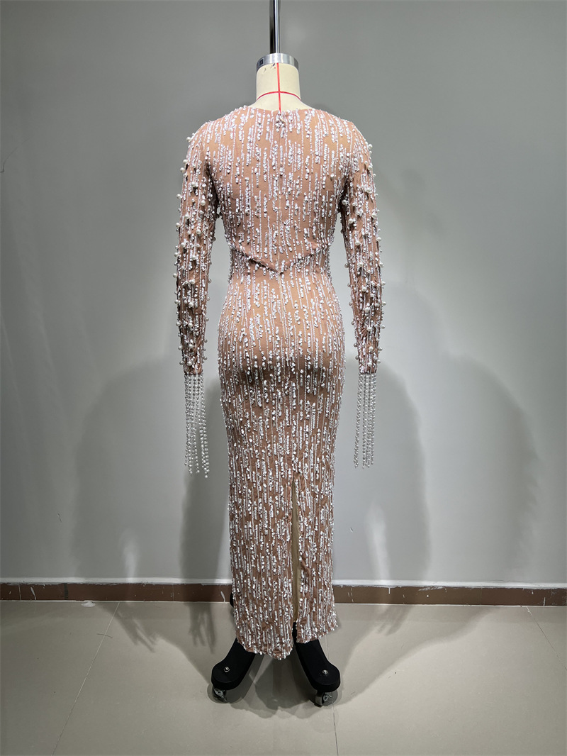 Abito da sera donna con paillettes e perline scollo a v elegante_voghion.com