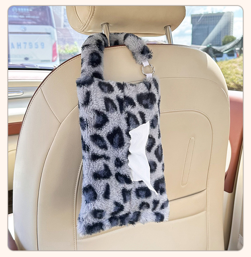 Cross-Border Leopard Print Car Tissue Box Cute Car Interior Decoration Tissue Hanging Bag Plush Hanging Car Seat Tissue Box