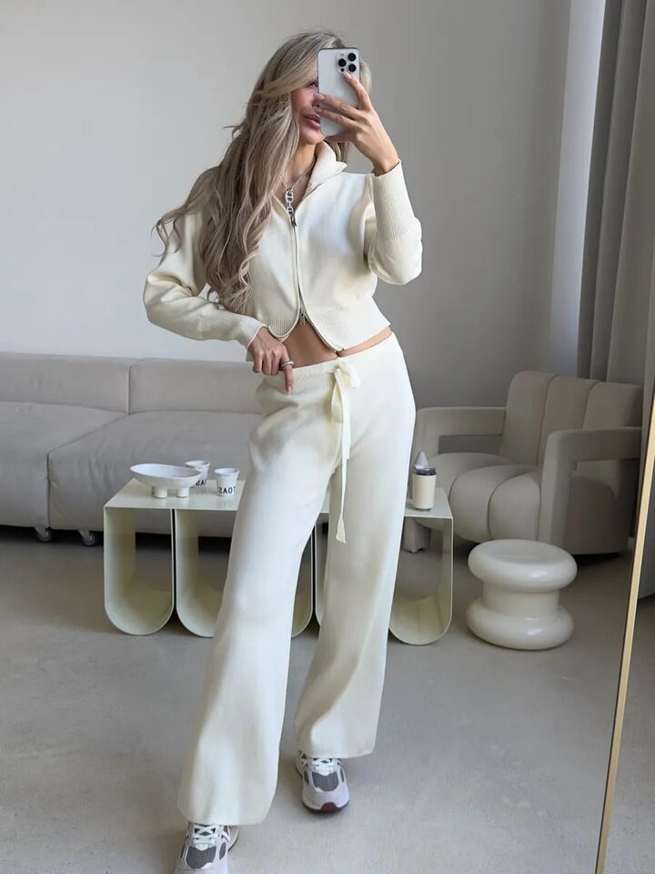 Bộ áo len dệt kim tay dài khóa kéo đôi phong cách thanh lịch — Màu nâu nhạt, màu be, màu hồng, màu nâu chi tiết 47