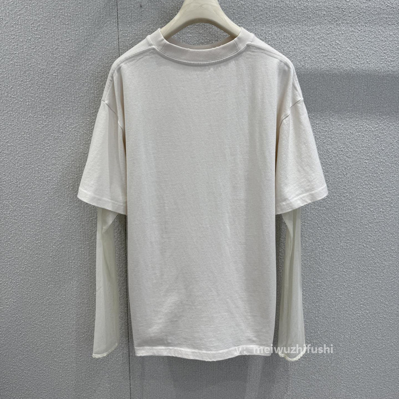 レタープリントフェイクツーピースメッシュ長袖Tシャツカジュアルルーズ万能ラウンドネックトップ初秋ZT62150|undefined