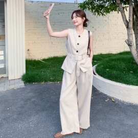 韩式休闲减龄高端女神套装夏日收腰无袖上衣阔腿裤两件套2026新款