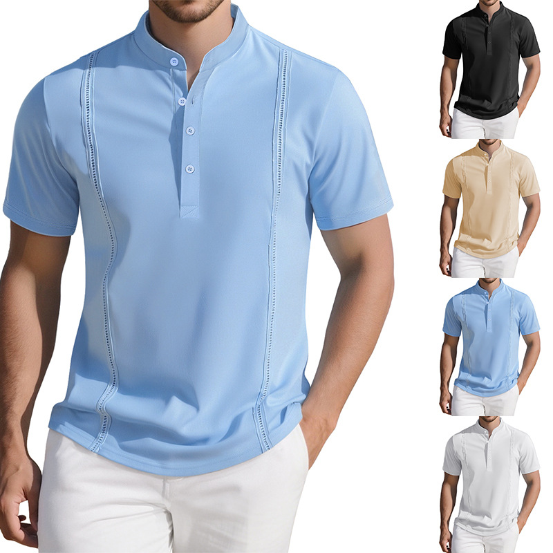 Nueva camiseta de hombre estilo europeo y americano con media cremallera, camiseta informal de verano a rayas de manga corta para negocios, camiseta transpirable estampada.