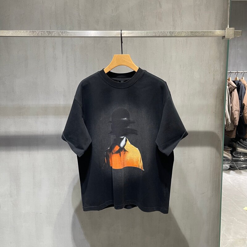 American-Style Trendy Brand Short-Sleeve T-Shirt for Men, Summer Loose Heavyweight Half-Sleeve Tee with Blurred Silhouette Print