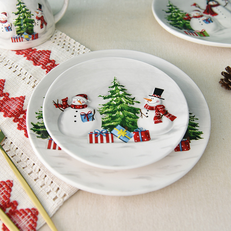 Nórdico país Navidad muñeco de nieve disco de cerámica estilo occidental plato oval postre placa hogar vajilla en relieve