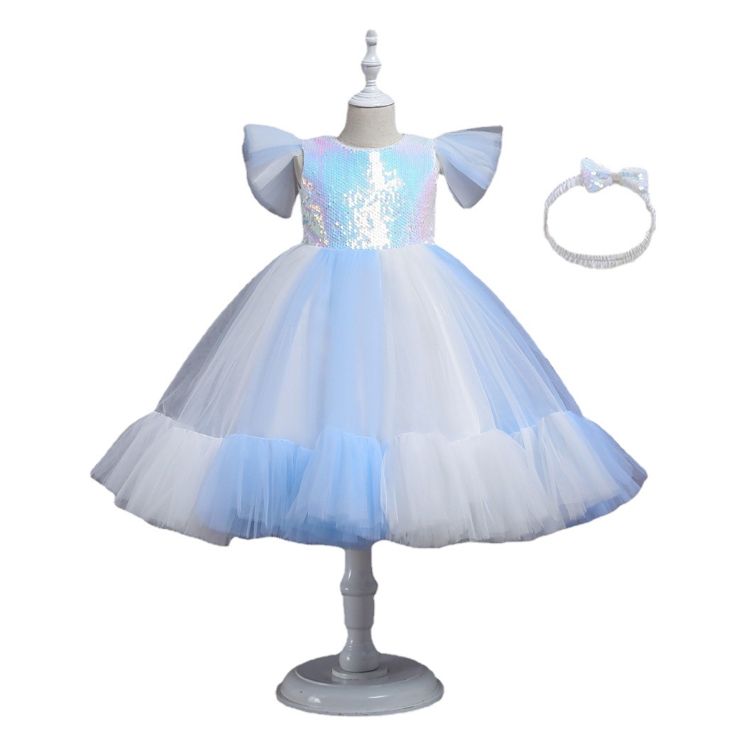 Vestido de niña estilo nuevo transfronterizo con lentejuelas, vestido de boda para niña de las flores, traje de actuación, vestido de princesa de tul esponjoso para niña.