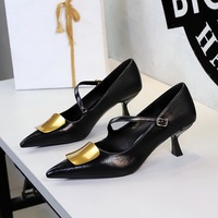 6093-K206 European and American retro hand grip pattern with a straight heel buckle and metal decoration, pointed shallow mouth fashionable women's shoes