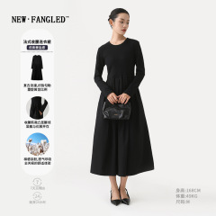 女装2025新款秋赫本风黑色圆领连衣裙修身显瘦收腰长袖a字大摆裙