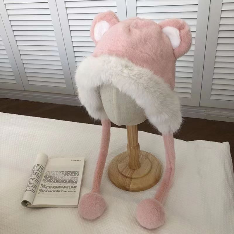 Sombrero de lana bereber para mujeres Otoño e Invierno Todo-juego lindo con capucha Oso bufanda guantes integrados cálido a prueba de frío sombrero de algodón de protección para los oídos