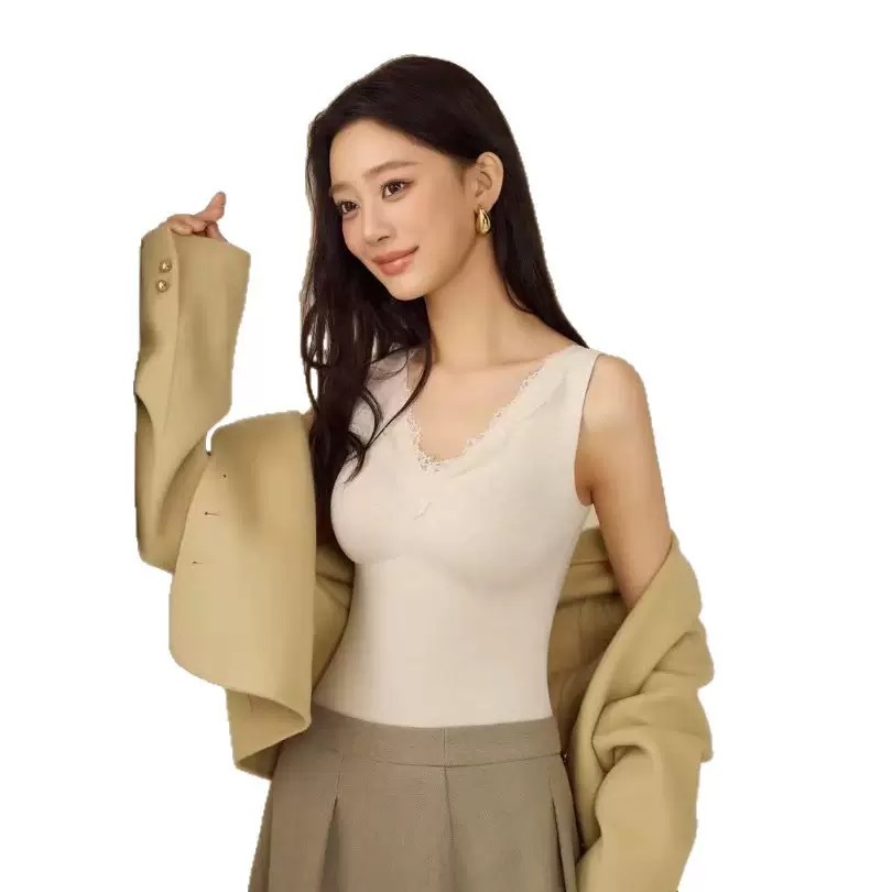 Cachemira de seda natural de morera, cuello en V, encaje molido, autocalentamiento sin marca, chaleco caliente de otoño y invierno para mujeres delgadas con base interior