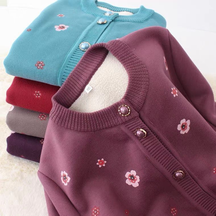 New Spring Cardigan Sweater for Elderly Women, Thickened Lamb Wool Warm Knitwear for Grandma