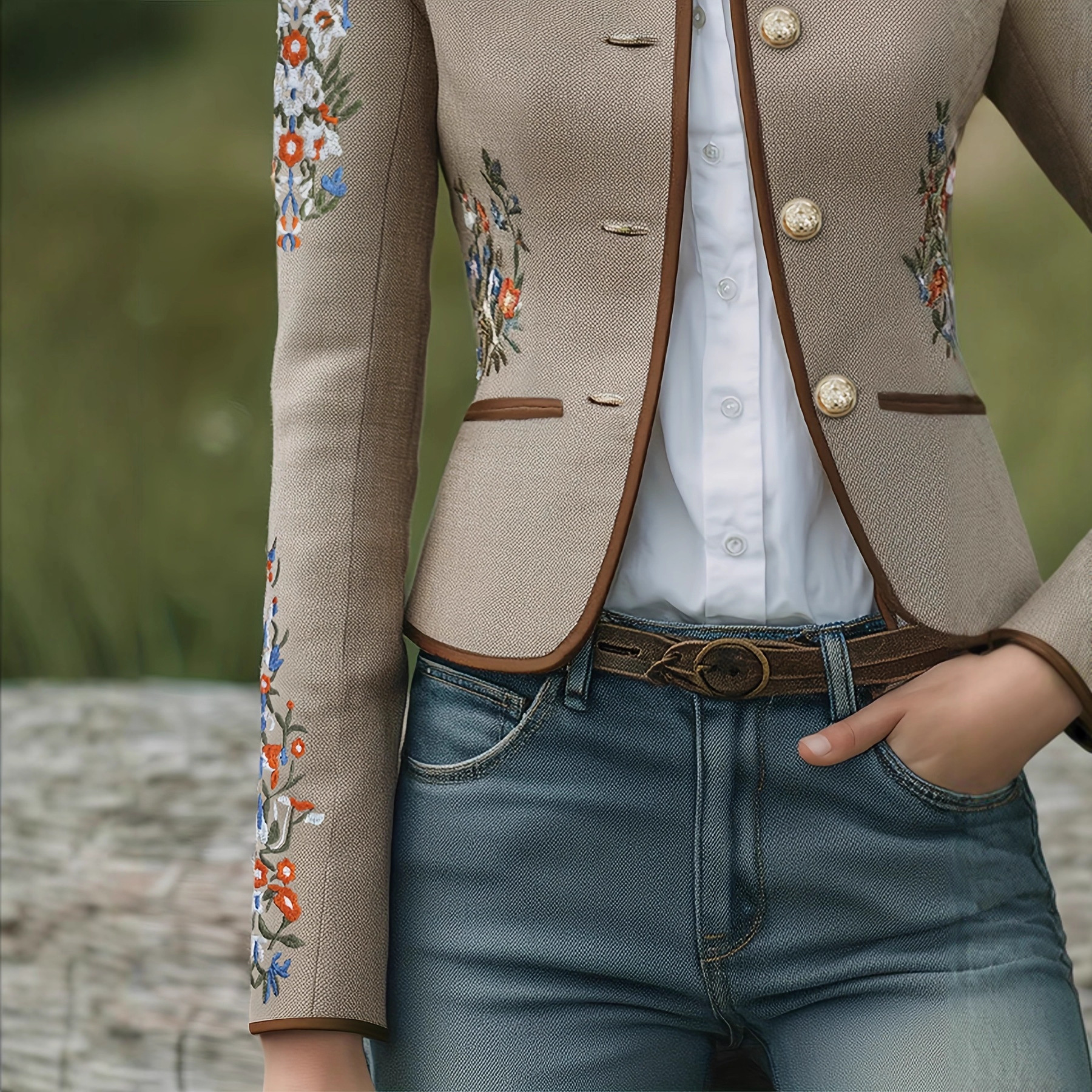 Giacca vintage con ricami floreali e colletto coreana donna_voghion.com